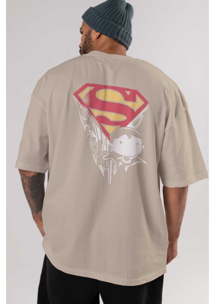 Superman Arka Baskılı Bej Oversize T-Shirt Bisiklet Yaka Pamuk Erkek Kadın indirimleri