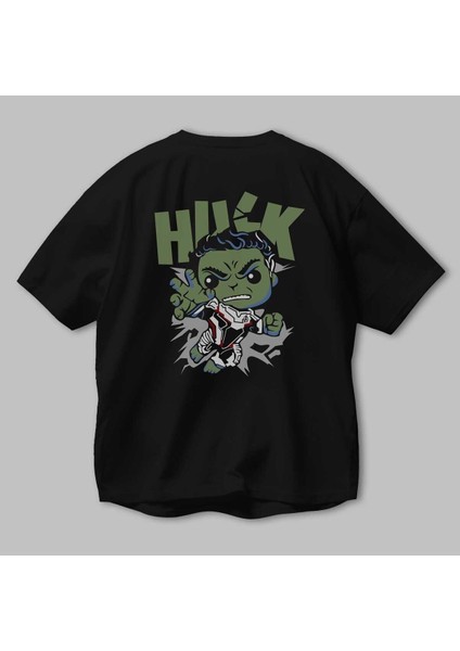 Hulk (8) Arka Baskılı Siyah Oversize T-Shirt Bisiklet Yaka Pamuk Erkek Kadın modelleri