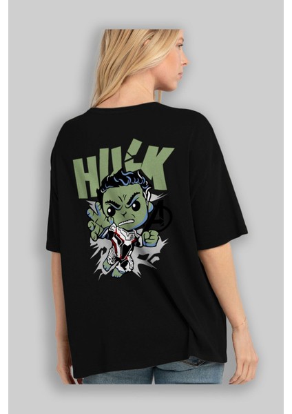 Hulk (8) Arka Baskılı Siyah Oversize T-Shirt Bisiklet Yaka Pamuk Erkek Kadın fırsatları
