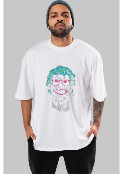 Joker 1 Ön Baskılı Beyaz Oversize T-Shirt Bisiklet Yaka Erkek Kadın