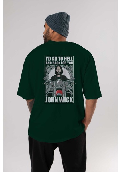 John Wick Biker Arka Baskılı Zümrüt Yeşili Oversize T-Shirt Unisex Erkek Kadın Bisiklet Yaka