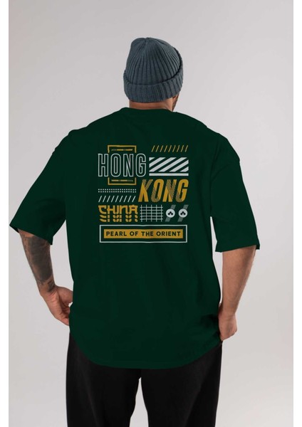 Hong Kong Arka Baskılı Zümrüt Yeşili Oversize T-Shirt Unisex Erkek Kadın Bisiklet Yaka