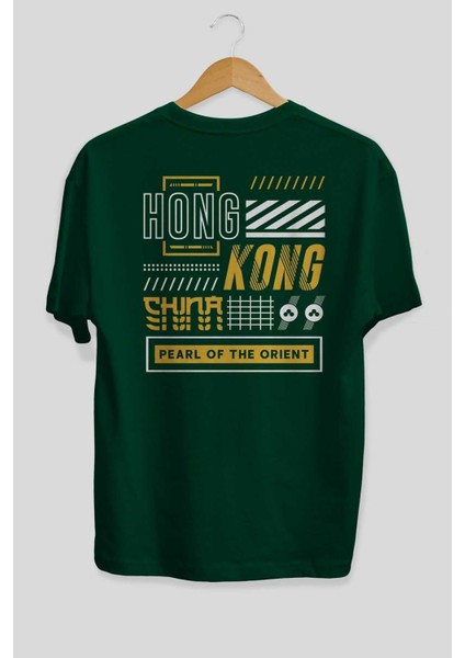 Hong Kong Arka Baskılı Zümrüt Yeşili Oversize T-Shirt Unisex Erkek Kadın Bisiklet Yaka fiyatları