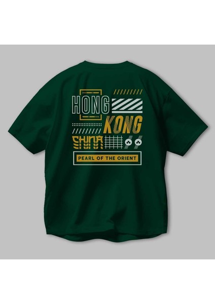 Hong Kong Arka Baskılı Zümrüt Yeşili Oversize T-Shirt Unisex Erkek Kadın Bisiklet Yaka modelleri