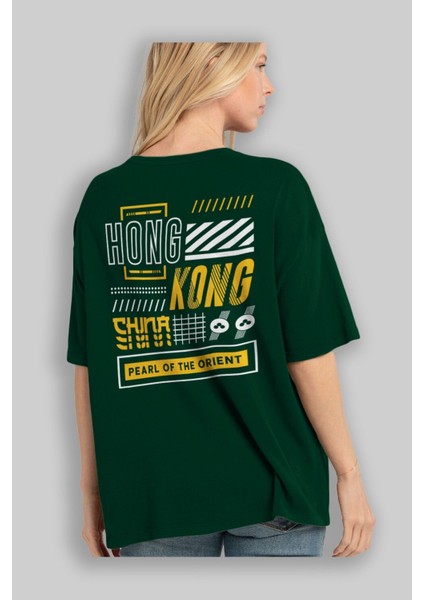 Hong Kong Arka Baskılı Zümrüt Yeşili Oversize T-Shirt Unisex Erkek Kadın Bisiklet Yaka fırsatları