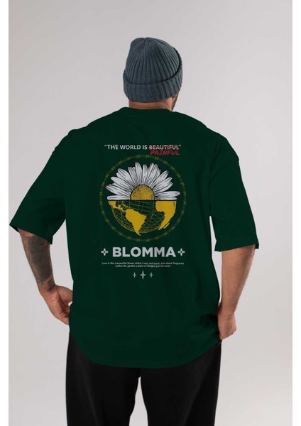 Blomma Arka Baskılı Zümrüt Yeşili Oversize T-Shirt Unisex Erkek Kadın Bisiklet Yaka