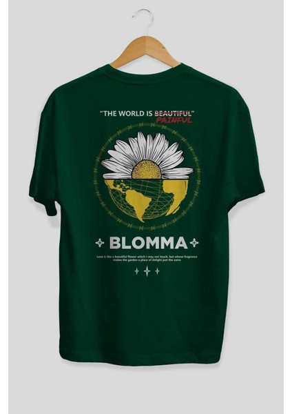 Blomma Arka Baskılı Zümrüt Yeşili Oversize T-Shirt Unisex Erkek Kadın Bisiklet Yaka fiyatları