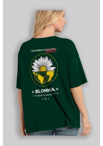 Blomma Arka Baskılı Zümrüt Yeşili Oversize T-Shirt Unisex Erkek Kadın Bisiklet Yaka fırsatları