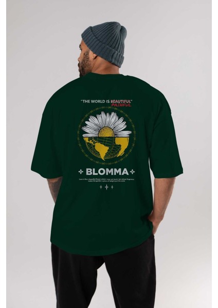 Blomma Arka Baskılı Zümrüt Yeşili Oversize T-Shirt Unisex Erkek Kadın Bisiklet Yaka indirimleri