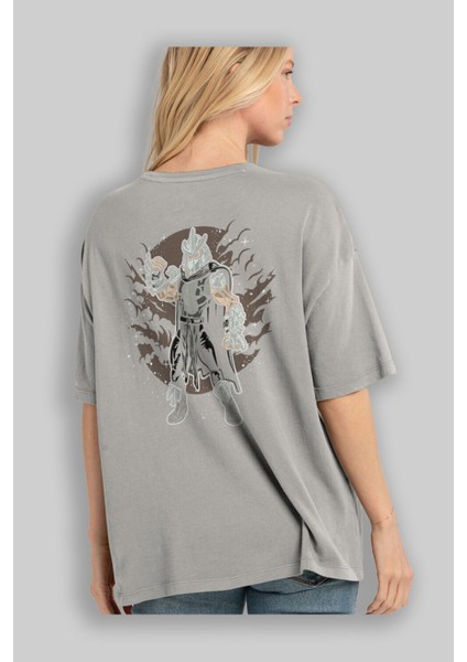 Shredder Arka Baskılı Gri Oversize T-Shirt Unisex Erkek Kadın Bisiklet Yaka modelleri