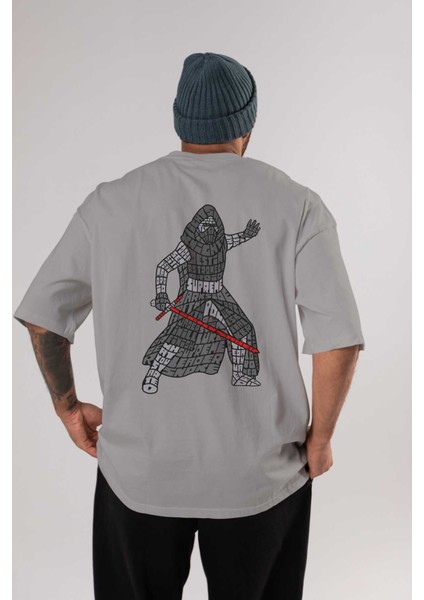 Kylo Arka Baskılı Gri Oversize T-Shirt Unisex Erkek Kadın Bisiklet Yaka