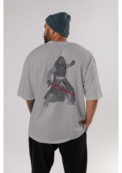 Kylo Arka Baskılı Gri Oversize T-Shirt Unisex Erkek Kadın Bisiklet Yaka fırsatları