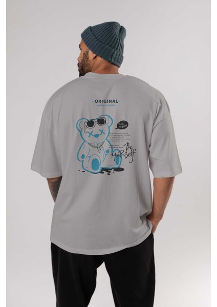 Feel So Good Bear Arka Baskılı Gri Oversize T-Shirt Unisex Erkek Kadın Bisiklet Yaka fiyatları