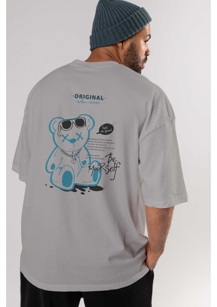 Feel So Good Bear Arka Baskılı Gri Oversize T-Shirt Unisex Erkek Kadın Bisiklet Yaka modelleri