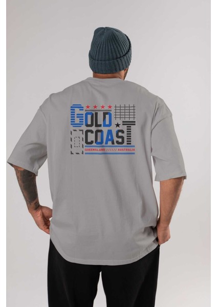 Gold Coast Arka Baskılı Gri Oversize T-Shirt Unisex Erkek Kadın Bisiklet Yaka