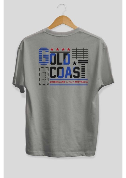 Gold Coast Arka Baskılı Gri Oversize T-Shirt Unisex Erkek Kadın Bisiklet Yaka fiyatları