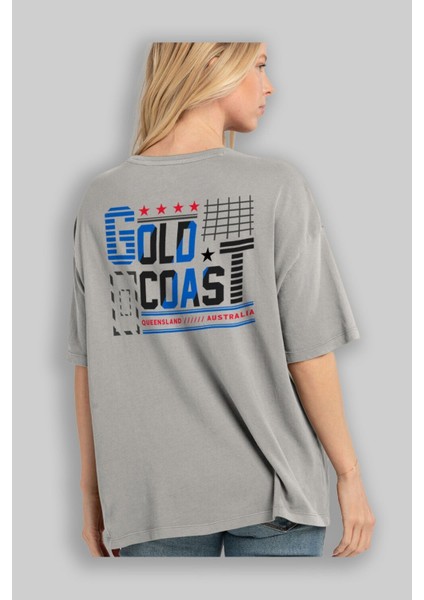 Gold Coast Arka Baskılı Gri Oversize T-Shirt Unisex Erkek Kadın Bisiklet Yaka modelleri