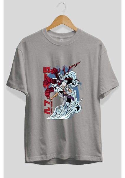 Monkey D. Luffy Gear5 2 Anime Ön Baskılı Gri Oversize T-Shirt %100 Pamuk Erkek Kadın