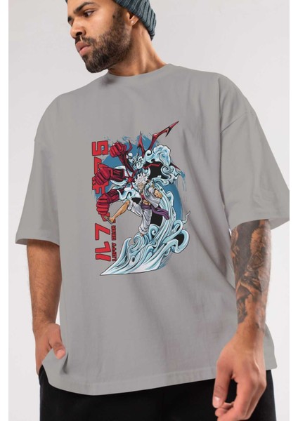 Monkey D. Luffy Gear5 2 Anime Ön Baskılı Gri Oversize T-Shirt %100 Pamuk Erkek Kadın