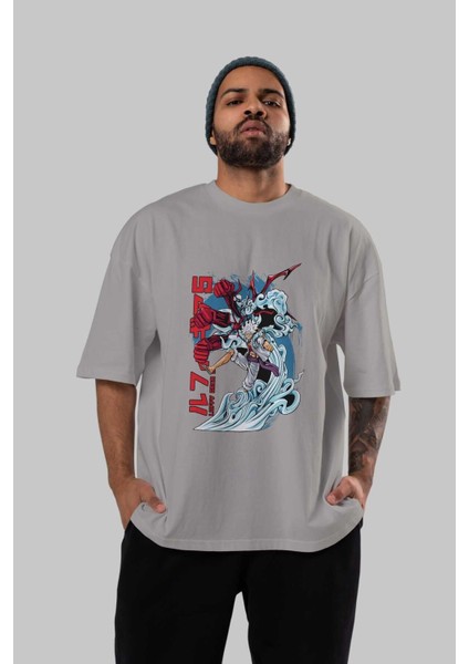 Monkey D. Luffy Gear5 2 Anime Ön Baskılı Gri Oversize T-Shirt %100 Pamuk Erkek Kadın
