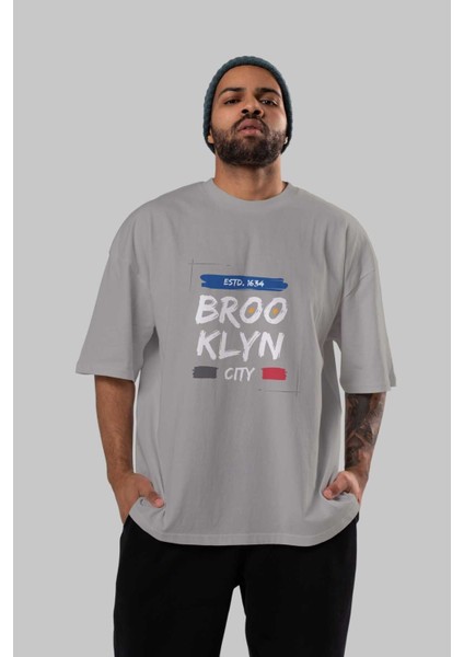 Brooklyn City Yazılı 2 Ön Baskılı Gri Oversize T-Shirt Unisex Erkek Kadın Bisiklet Yaka indirimleri