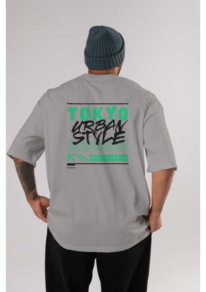 Tokyo Urban Style 2 Arka Baskılı Gri Oversize T-Shirt Unisex Erkek Kadın Bisiklet Yaka