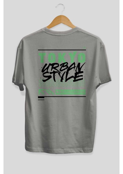 Tokyo Urban Style 2 Arka Baskılı Gri Oversize T-Shirt Unisex Erkek Kadın Bisiklet Yaka