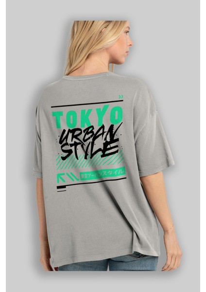 Tokyo Urban Style 2 Arka Baskılı Gri Oversize T-Shirt Unisex Erkek Kadın Bisiklet Yaka