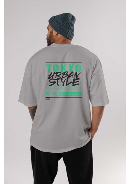 Tokyo Urban Style 2 Arka Baskılı Gri Oversize T-Shirt Unisex Erkek Kadın Bisiklet Yaka