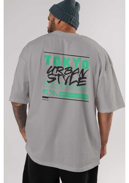 Tokyo Urban Style 2 Arka Baskılı Gri Oversize T-Shirt Unisex Erkek Kadın Bisiklet Yaka