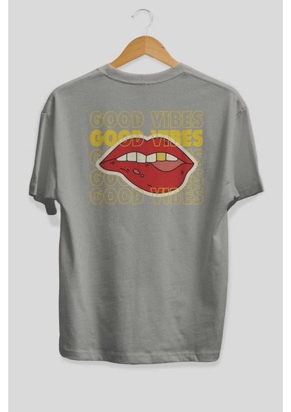 Good Vibes Yazılı 2 Arka Baskılı Gri Oversize T-Shirt Unisex Erkek Kadın Bisiklet Yaka fiyatları