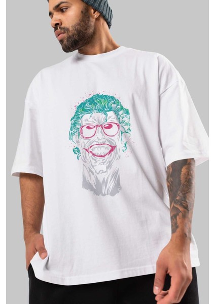 Joker 1 Ön Baskılı Beyaz Oversize T-Shirt Bisiklet Yaka Erkek Kadın modelleri