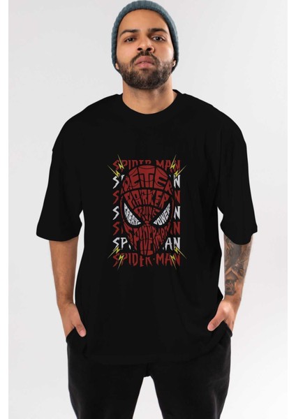 Spiderman (12) Ön Baskılı Siyah Oversize T-Shirt Bisiklet Yaka Erkek Kadın