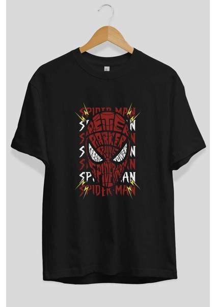 Spiderman (12) Ön Baskılı Siyah Oversize T-Shirt Bisiklet Yaka Erkek Kadın fiyatları