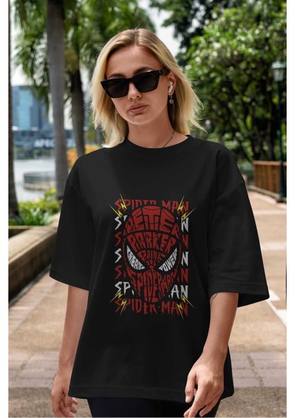 Spiderman (12) Ön Baskılı Siyah Oversize T-Shirt Bisiklet Yaka Erkek Kadın indirimleri