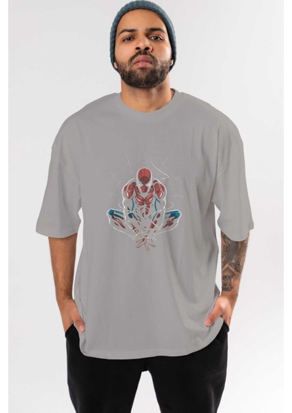 Spiderman (15) Ön Baskılı Gri Oversize T-Shirt Bisiklet Yaka Pamuk Erkek Kadın