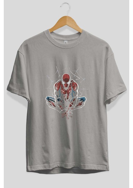 Spiderman (15) Ön Baskılı Gri Oversize T-Shirt Bisiklet Yaka Pamuk Erkek Kadın