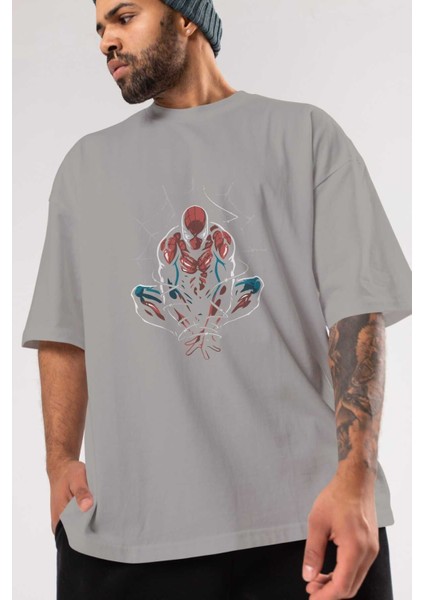 Spiderman (15) Ön Baskılı Gri Oversize T-Shirt Bisiklet Yaka Pamuk Erkek Kadın