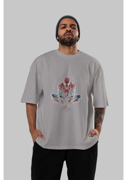 Spiderman (15) Ön Baskılı Gri Oversize T-Shirt Bisiklet Yaka Pamuk Erkek Kadın