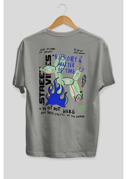 Street Vibes Arka Baskılı Gri Oversize T-Shirt Unisex Erkek Kadın Bisiklet Yaka fiyatları