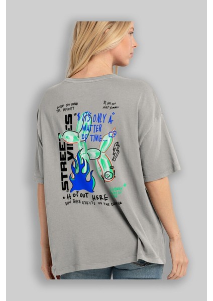 Street Vibes Arka Baskılı Gri Oversize T-Shirt Unisex Erkek Kadın Bisiklet Yaka modelleri