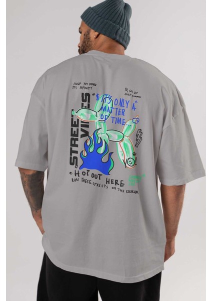 Street Vibes Arka Baskılı Gri Oversize T-Shirt Unisex Erkek Kadın Bisiklet Yaka indirimleri