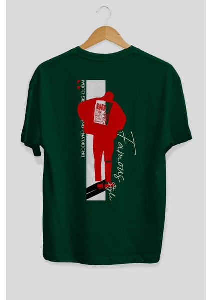 Brooklyn Style Arka Baskılı Zümrüt Yeşili Oversize T-Shirt Unisex Erkek Kadın Bisiklet Yaka fiyatları