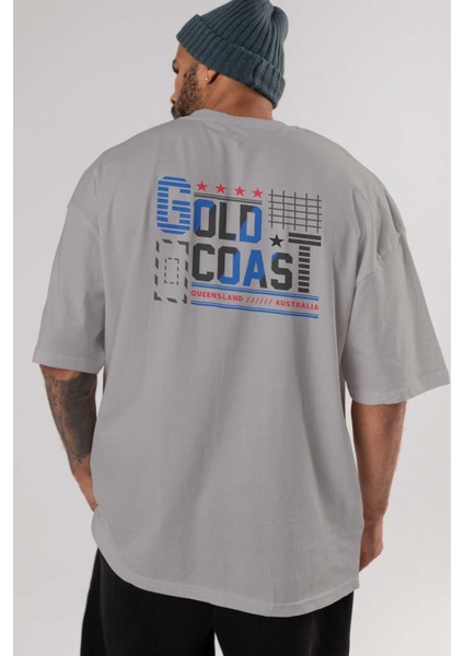 Gold Coast Arka Baskılı Gri Oversize T-Shirt Unisex Erkek Kadın Bisiklet Yaka indirimleri