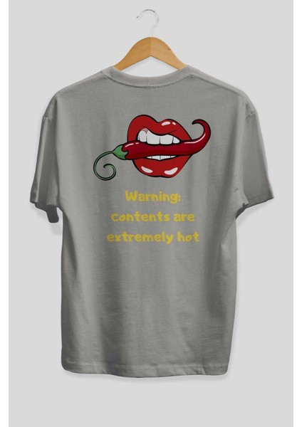 Warning Contents Yazılı Arka Baskılı Gri Oversize T-Shirt Unisex Erkek Kadın Bisiklet Yaka fiyatları