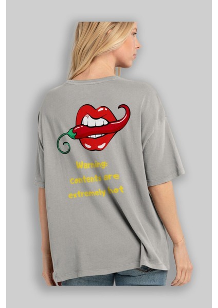 Warning Contents Yazılı Arka Baskılı Gri Oversize T-Shirt Unisex Erkek Kadın Bisiklet Yaka modelleri