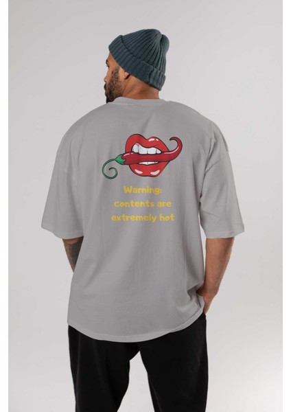 Warning Contents Yazılı Arka Baskılı Gri Oversize T-Shirt Unisex Erkek Kadın Bisiklet Yaka fırsatları