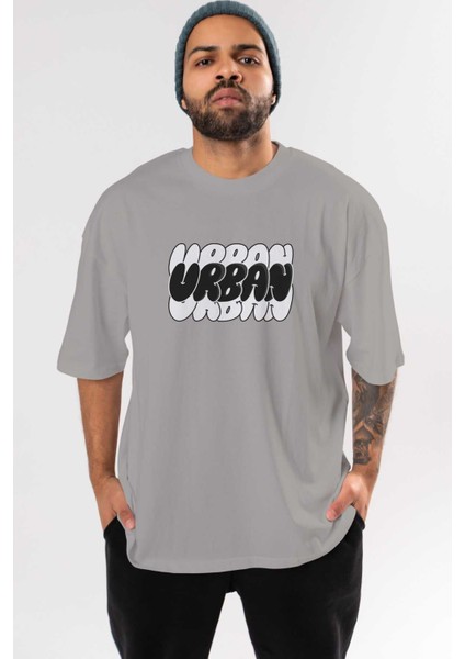Urban Yazılı Ön Baskılı Gri Oversize T-Shirt Unisex Erkek Kadın Bisiklet Yaka
