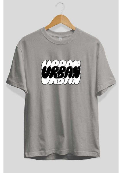 Urban Yazılı Ön Baskılı Gri Oversize T-Shirt Unisex Erkek Kadın Bisiklet Yaka fiyatları