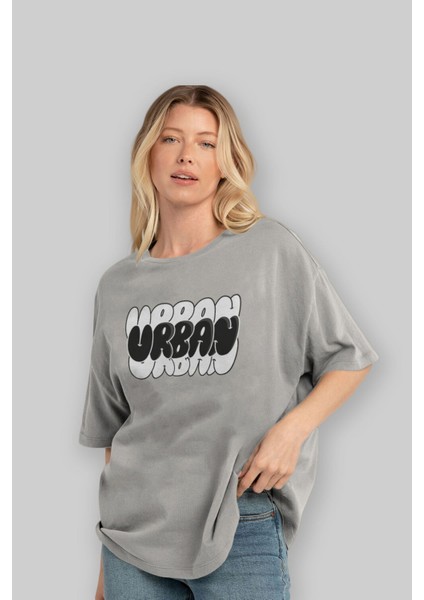 Urban Yazılı Ön Baskılı Gri Oversize T-Shirt Unisex Erkek Kadın Bisiklet Yaka fırsatları